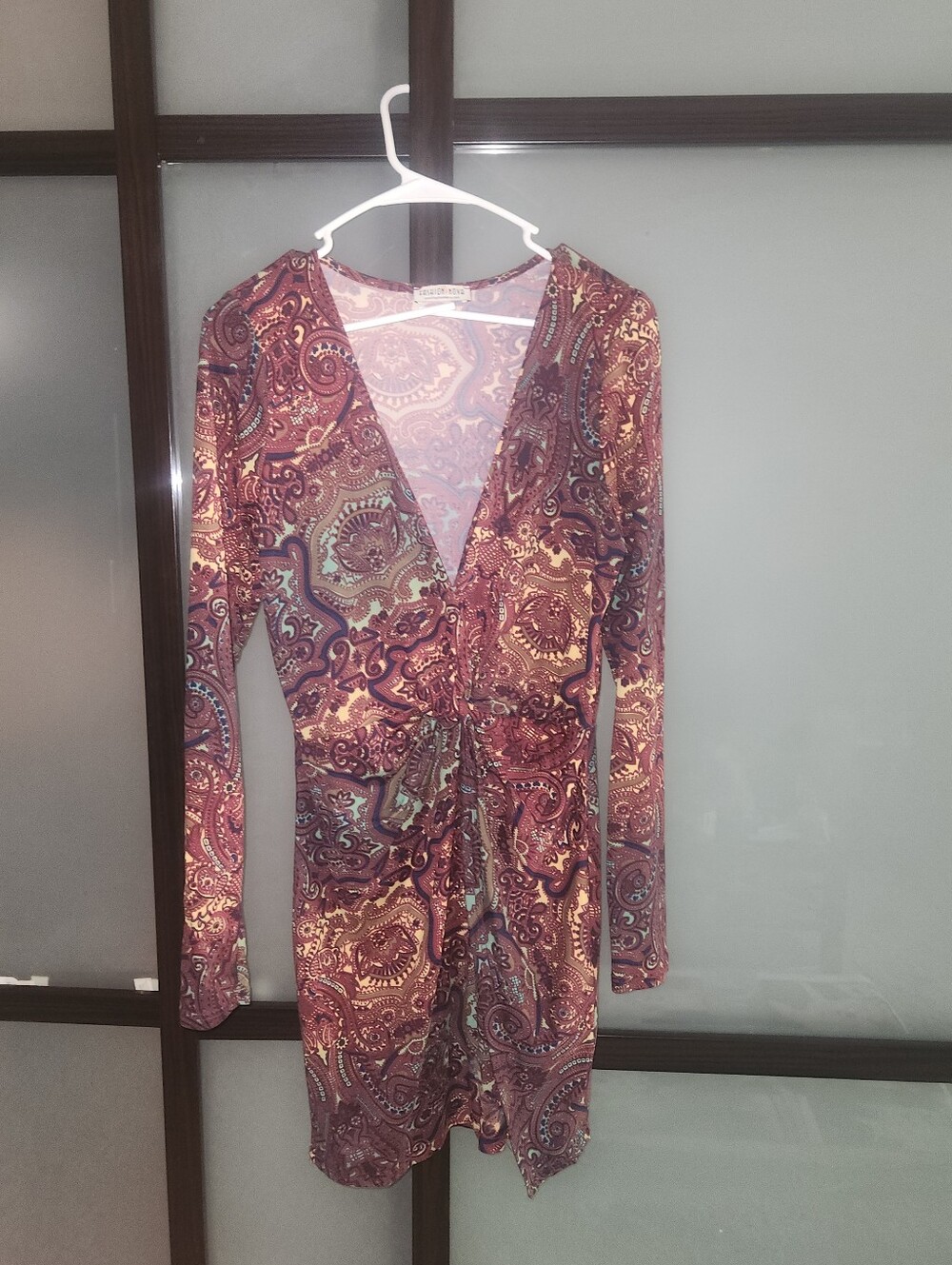Sexy Burgundy Paisley Wrap-Style Long Sleeve Dress